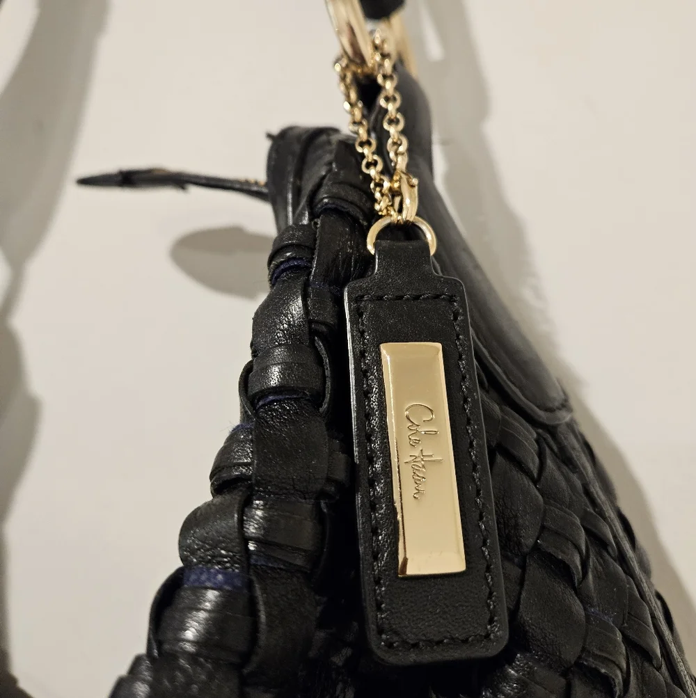 Cole Haan Black Leather Woven Hobo Bag - Picture 3 of 5